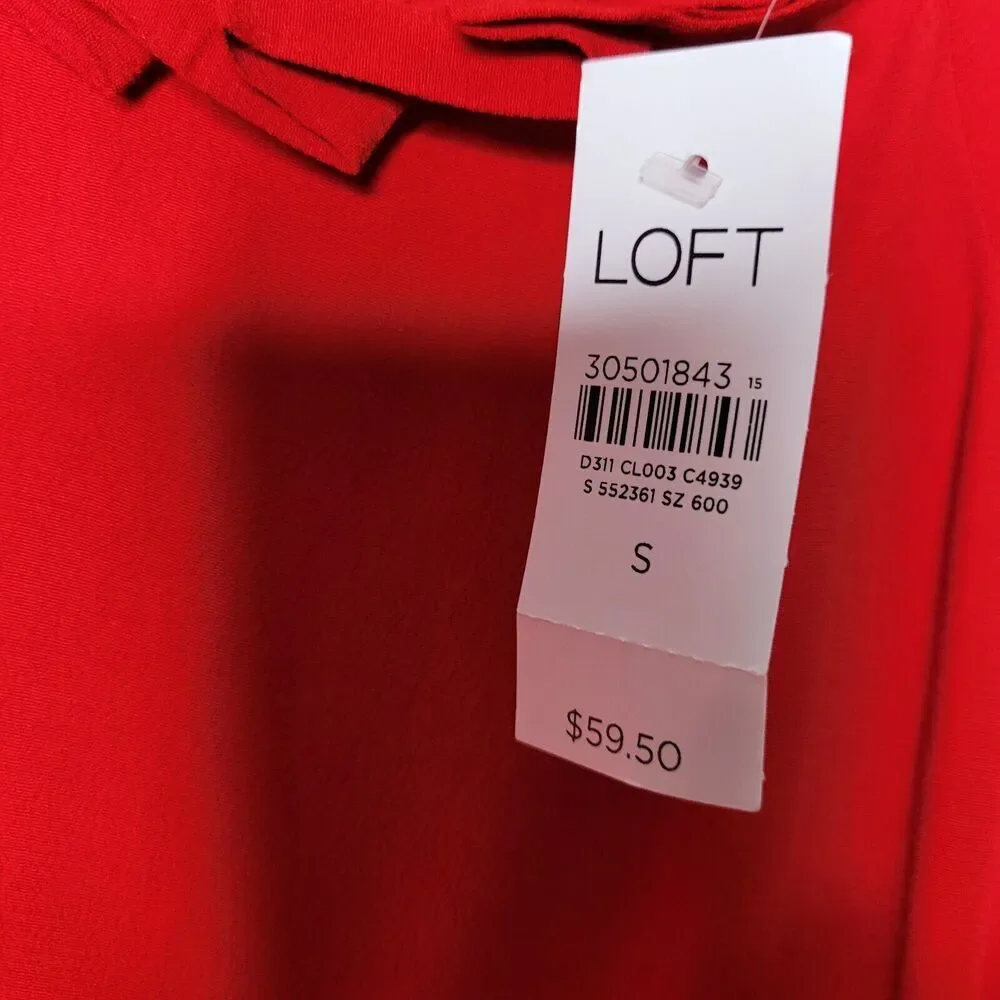 NWT Loft Womens Size Small Top Long Sleeve Ruffled Neck Button Loop Blouse Red - Picture 6 of 8